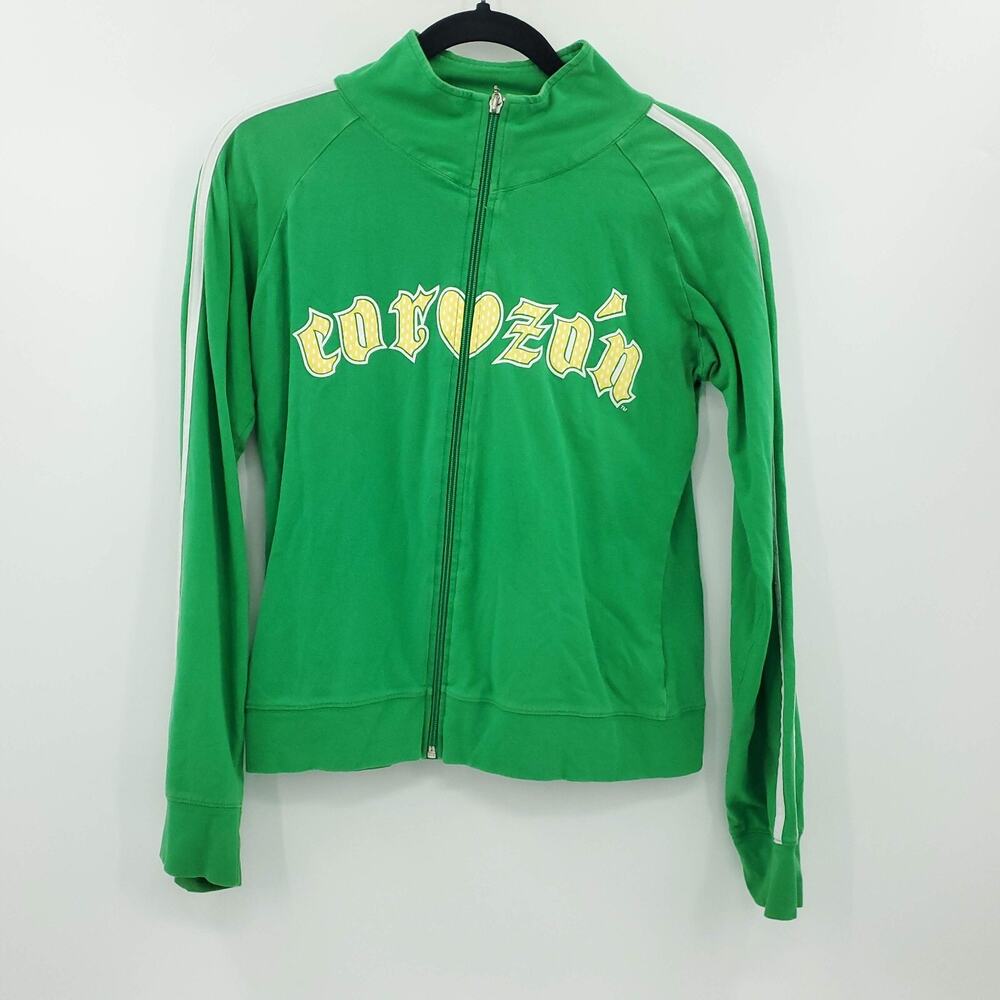 Y2K Corazon Track Jacket Zip Up Gangster Tattoo Graphic Womens Jr Large Green